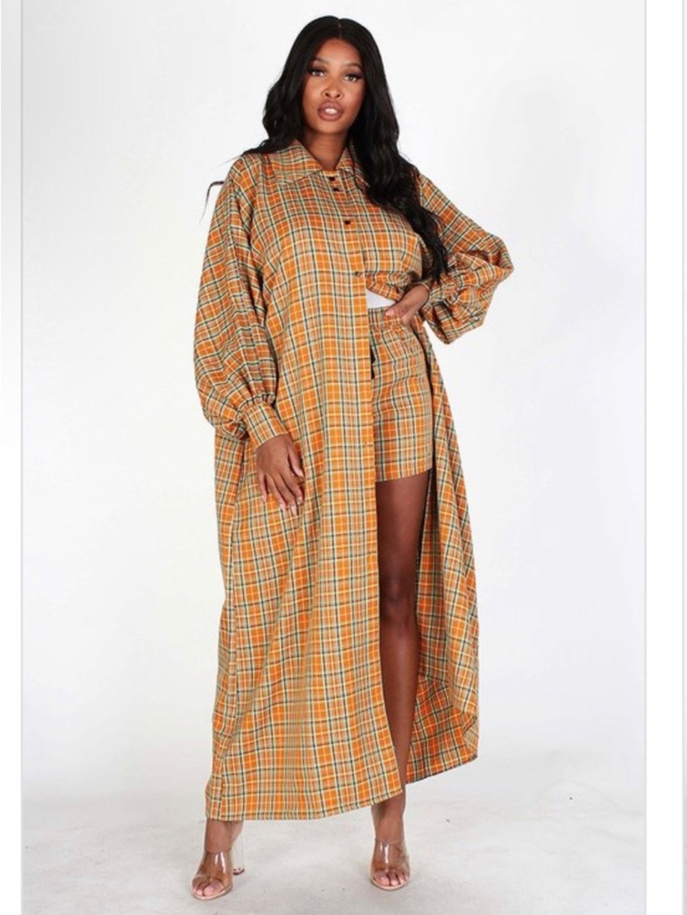 💥LONG SLEEVE OVERSIZED BUTTON DOWN SHIRT DRESS COAT WITH MATCHING SHORTS SET💥 - Picture 2 of 7
